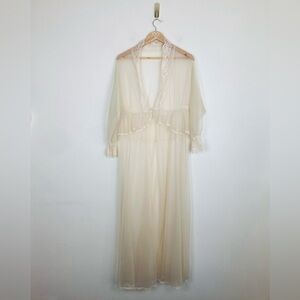 Vintage Sears ecru colored sheer nylon dressing gown with lace trim. Size 8-10